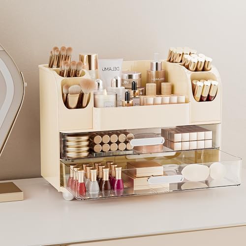 Delamu Large Makeup Organizer Countertop with 6 Brush Holders, Cream White - Image 2