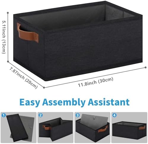 GhvyenntteS Small Fabric Storage Bins 6 Pack, 11.8" x 7.87" x 5.11" Storage Basket with Leather Handles, Closet Storage Bins for Shelves, Storage Baskets for Shelves, DVD Storage (Black) - Image 2