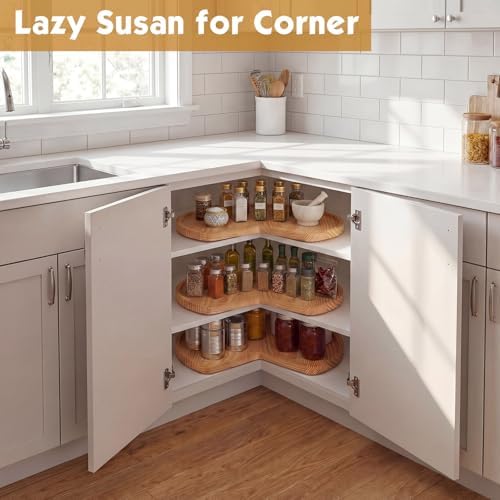 Leinuosen 3 Pcs 28 Inch Banded Pine Wood Full Kidney Shaped Lazy Susan for Corner Base Cabinets with Steel Swivel Bearing for Kitchen Turntables Pantry Spice Can Storage, Not Include Metal Rod - Image 5