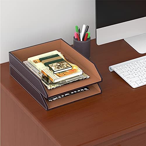Leather Letter Tray, Thipoten Stackable Desk Organizer Holder for Office Supplies, Paper, File, Magazine, Perfect Office Organization for Desktop (Brown-2Tiers) - Image 4