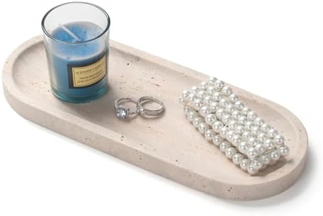 Oval Travertine Stone Tray for Jewelry, Candles, Perfume, Decorative Marble Bathroom Tray for Countertop Organizer 9.8inch x 3.9inch x 0.7inch - Image 2
