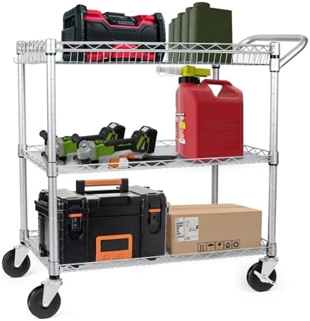 WDT Heavy Duty 3 Tier Utility Cart,Wire Rolling Carts with Wheels, Commercial Grade Service Cart with Shelving Liners and Handle Bar Metal Carts for Kitchen Office Hardware - Image 3
