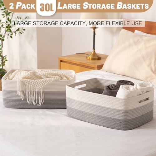 OIASKET Large Storage Basket for Organizing, Woven Rope Basket for Shelves, Closet Organizer Bins for Clothes, Blanket, Toys, Baby Nursery Storage, 17.7" x 13" x 7.87", 2 Packs Gradient Grey - Image 4