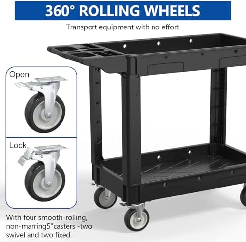 2 Tier Plastic Rolling Cart Utility Cart on Wheels, Heavy Duty Tool Carts with Ergonomic Storage Handle and Deep Shelfs, Work Cart Service Cartss for Garage, Warehouse, Workshop, Office, Cleaning - Image 5