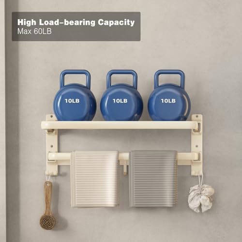 VOLDRA Towel Racks for Bathroom, 24-Inch Towel Shelf with Towel Bar Foldable Towel Holder with 7 Hooks Towel Storage Organizer for Bathroom & Lavatory Wall Mounted(Cream White) - Image 4