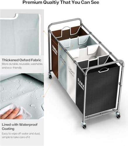 ROMOON Laundry Hamper Sorter Cart, 4-Section Organizer with Lockable Wheels - Image 4
