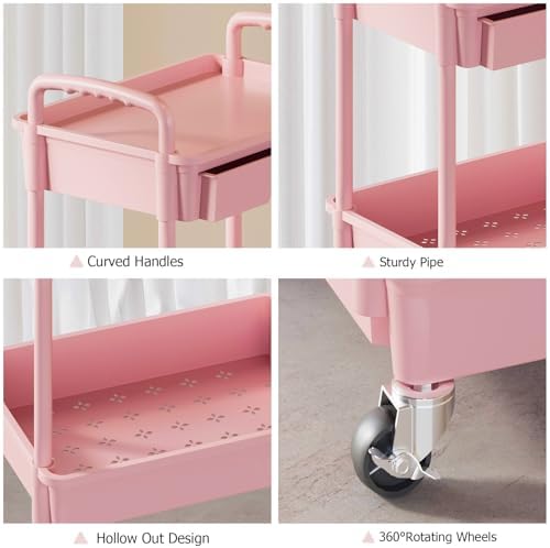 4 Tier Rolling Utility Cart with Drawer, Plastic Storage Organizer Rolling Carts with Wheels Handles Hanging Cups Hooks for Office, Bathroom, Kitchen,Craft Art Room (Pink) - Image 5