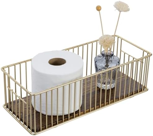 MyGift Brass Tone Metal Toilet Paper Holder with Rustic Wood Base Tray by MyGiftHome