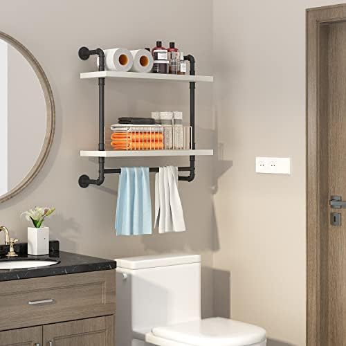 Helsin 24inch Industrial Pipe Shelving Bathroom Shelves Wall Mounted with Towel bar, 2 Tier Rustic Wood Floating Shelf, Metal Towel Rack Wall Shelf for Home & Bathroom (White, 24inch) - Image 2