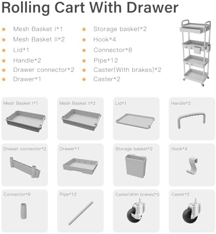 4 Tier Rolling Utility Cart with Drawer,REBECAT Utility Cart Made of Multifunctional Storage Organizer Tool for Kitchen,Bathroom,Living Room,Office(Gray) - Image 4