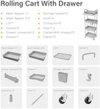 4 Tier Rolling Utility Cart with Drawer,REBECAT Utility Cart Made of Multifunctional Storage Organizer Tool for Kitchen,Bathroom,Living Room,Office(Gray) - Image 4