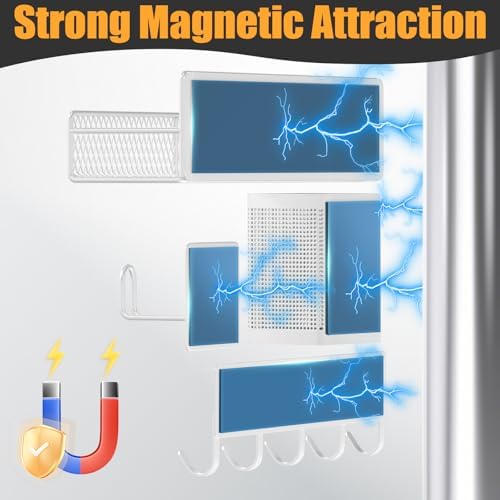 Magnetic Spice Rack for Refrigerator, 10 Pack Metal Magnetic Shelf, Moveable Spice Organizer with Hook Rack, Paper Towel Holder, Kitchenware Holder, Strong Magnetic Storage Fridge Organizer White - Image 3