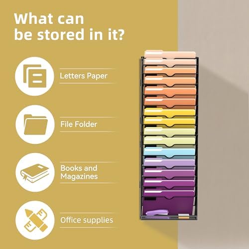 SUPEASY 16-Tier Hanging Wall File Holder Organizer for Papers, Folders, Files Clipboard & Magazine Organization Great for Office Home, Assembly Needed, Black - Image 5