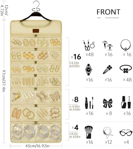 SMRITI Hanging Jewelry Organizer with Dual Zippered Pockets Canvas Double Sided Rotating Hanger Necklace Hanging Wall Organizer Earring Dustproof Holder Wall Mount Accessories Display Bag(Beige) - Image 5