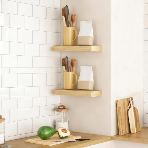HOOBRO Floating Shelves for Wall, Wall Mounted Shelf Set of 2, 15.7" Hanging Shelf with Invisible Brackets, for Wall Decor Storage in Bathroom Bedroom Kitchen Living Room Office, Natural NL40BJ01 - Image 6
