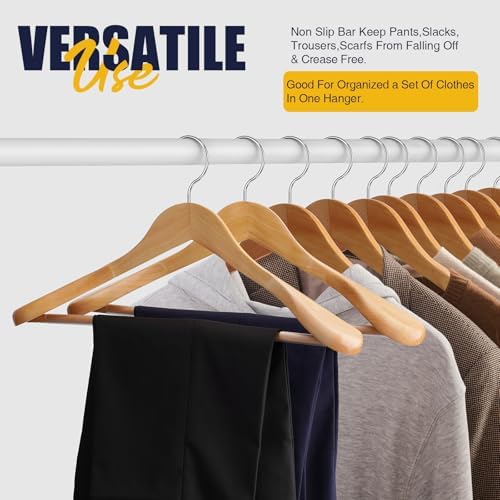 Wooden Suit Hangers 10 Pack - Heavy Duty Wide Shoulder Hangers With Non Slip Pants Holder for Men, Women, Coats, Jackets (Natural) - Image 4