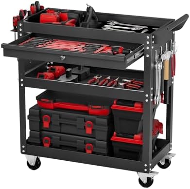 VEVOR 4-Tier Tool Cart with Wheels, 350 lbs Load Capacity, Rolling Work Cart with Drawer & Pegboard, Mechanic Tool Storage Organizer with Locking System for Garage, Warehouse and Repair Shop, Black by VEVOR