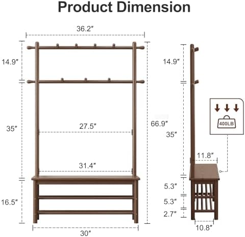 AQIMUELE Coat Rack with Shoe Storage, Wooden Hall Tree with Bench, 11 Hooks and 2-Tier Storage Shelves, 3-in-1, Entryway Bench with Coat Rack (39.3"-Walnut) - Image 2