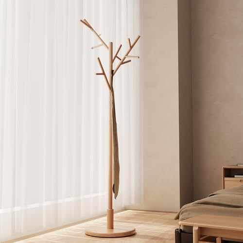 Muwuele Coat Rack,Solid Wood Coat Rack Freestanding with 12 Hooks,Coat tree freestanding 3 Adjustable Heights for coat, Hats, Handbags，Coat Stand for Entryway,Bedroom (Natural) by Muwuele