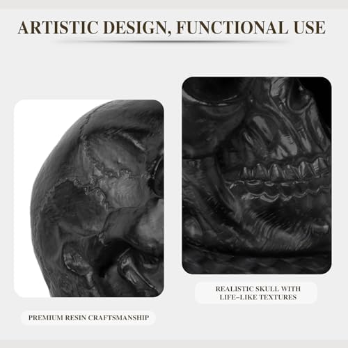 Skull Book Ends, Decorative Bookends for Shelves, Antique Gothic Style Skull Bookend Design Resin Skeleton Human Head Statue Halloween Décor (Black) - Image 4
