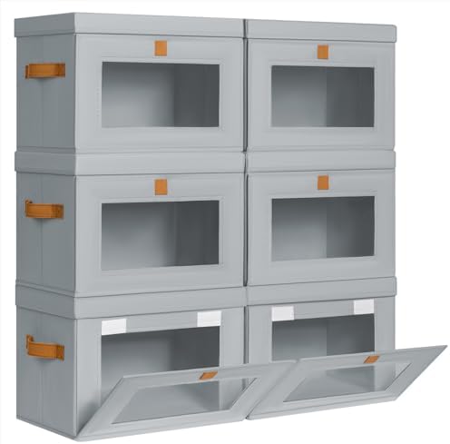 Homsorout Medium Fabric Storage bins - Collapsible Storage Bins with Open Window, 6 Pack Closet Baskets for Shelves, Stackable Decorative Boxes for Home, Dorm, Grey, 13.7"x 9.8" x 9.8" by Homsorout