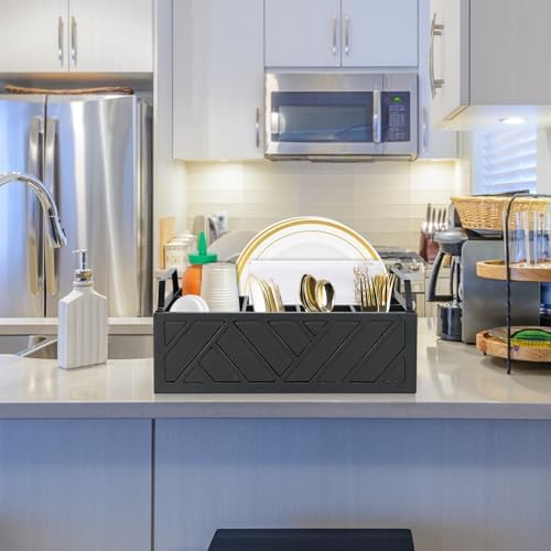 Ukonvi Paper Plate Dispenser and Holder for Kitchen Counter, Wood Rustic Silverware Utensil Caddy, Cutlery Flatware Organizer Box for Cups Spoons Forks Napkins, Kitchen Accessories - Image 4