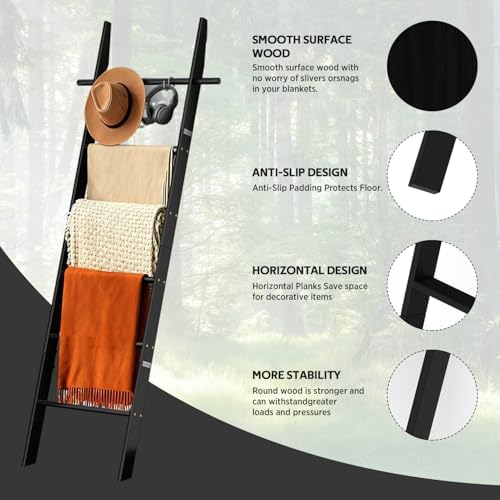 Farmhouse Wooden Blanket Ladder with Removable Hooks Black 6-Tier - Image 5