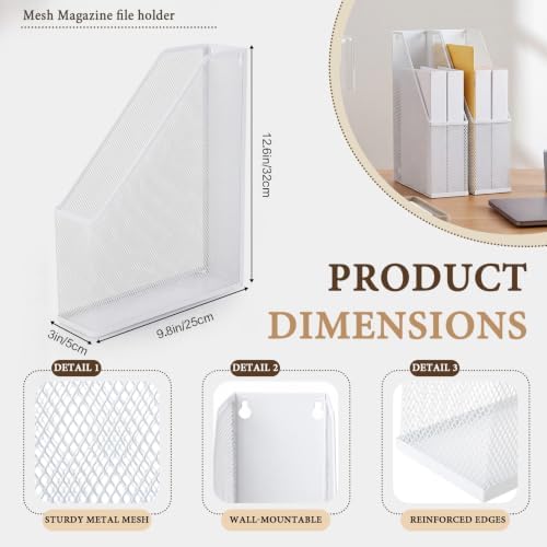 Sliner 4 Pack White Metal Magazine Holder Mesh Steel Document Rack 1 Section File Organizer Extra Wide Magazine Folder Storage Desk Tidy for Office Home, 12.6"x 9.8"x 3" - Image 2