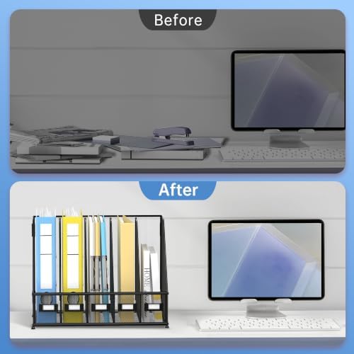 5 Vertical Compartments Magazine File Holder, Metal Binder Organizer, Black - Image 7