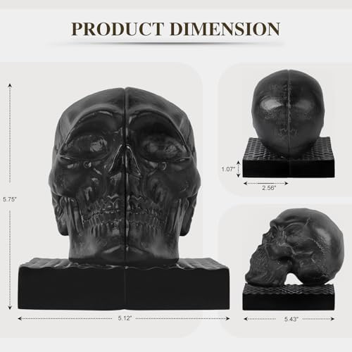 Skull Book Ends, Decorative Bookends for Shelves, Antique Gothic Style Skull Bookend Design Resin Skeleton Human Head Statue Halloween Décor (Black) - Image 2
