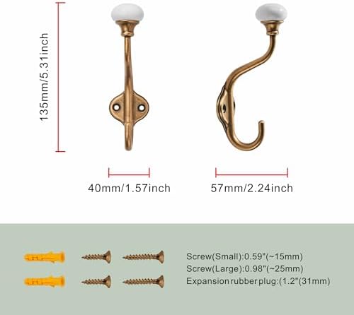 CHIVS Coat Hooks- 5 Pack Antique Brass Wall Hooks, Ceramic Coat Hooks, Decorative Wall Mounted Towel Hanger, zinc Double Prong Hook for Hanging Clothes, Keys, Hats, Backpacks - Image 2