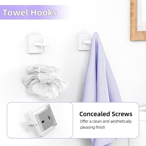 5-Pieces Bathroom Hardware Accessories Set, 24 Inch Stainless Steel Towel Racks for Bathroom, Towel Bar Set Towel Ring Coat Hook and Toilet Paper Holder with Shelf Wall Mounted, White - Image 4