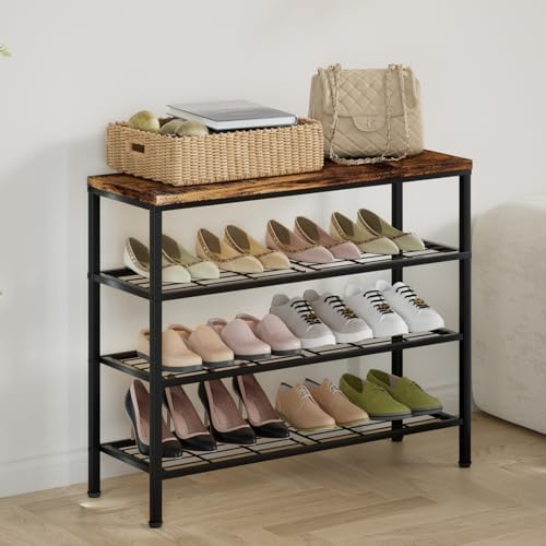4-Tier Metal Shoe Rack with Wood Top - Durable & Space-Saving Shoe Organizer,Industrial Shoe Organizer Shelf Bench Storagefor Closet Entryway, Bedroom & Hallway - Bronze+Black 28.5 W × 25.5" H - Image 7