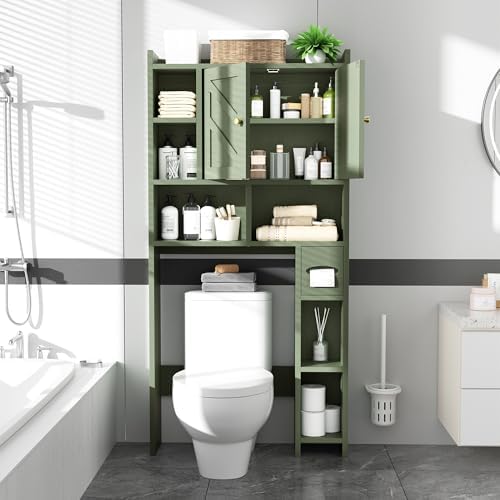 Over The Toilet Storage Cabinet, 64.6" Tall Bathroom Organizer Space Saver with Toilet Paper Holder & Adjustable Shelf, Freestanding Wood Cabinet for Small Space, Green - Image 3