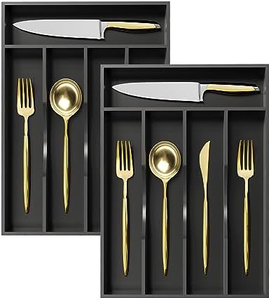 Greenual 2 Pack Black Silverware Organizer 10 In Utensil Organizer Silverware Tray for Drawer Cutlery Flatware Organizer for Kitchen Bamboo Wood by Greenual
