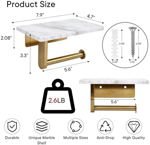 Toilet Paper Holder with Natural Marble Shelf for Bathroom Washroom,Wall Mounted Tissue Holder Suitable for Mega Roll (Brushed Gold, Middle 7.87 * 4.72 in) - Image 2