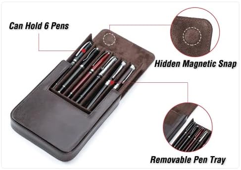 Top Grain Genuine Leather 6 Fountain Pen/Pencil Tray Case, Minimalist Fashion Design, Handmade, Magnetic Closure with Drawer Design, Gift Choice for Man/Woman/Office, Glossy Black, 6 Slots - Image 6