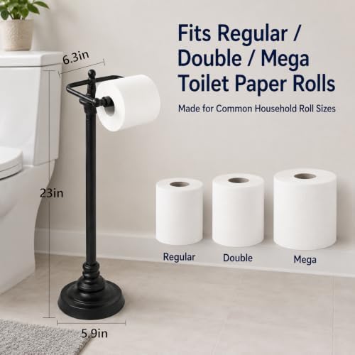 Trongee Toilet Paper Holder Stand, Freestanding Toilet Paper Holder with Weighted Base, Black Metal Toilet Paper Stand with Spring-Loaded Roll Bar, Fits Regular, Double & Mega Rolls for Bathroom - Image 2