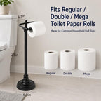 Trongee Toilet Paper Holder Stand, Freestanding Toilet Paper Holder with Weighted Base, Black Metal Toilet Paper Stand with Spring-Loaded Roll Bar, Fits Regular, Double & Mega Rolls for Bathroom - Image 2