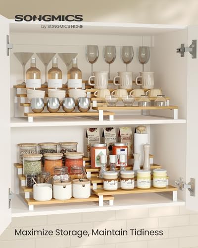 SONGMICS Display Risers, Set of 2 Engineered Wood Perfume Organizer Stand, 4-Tier Cupcake Stand Holder, Spice Rack, Shelf Risers for Figures, Dessert Shelves, Natural Beige and Cloud White UKCS216N02 - Image 2