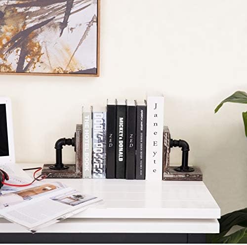 MyGift Decorative Bookends, Office Book Ends for Shelf, Book Holder L-Shaped Stand Desktop, Solid Torched Wood with Realistic Industrial Pipe Design - Image 4