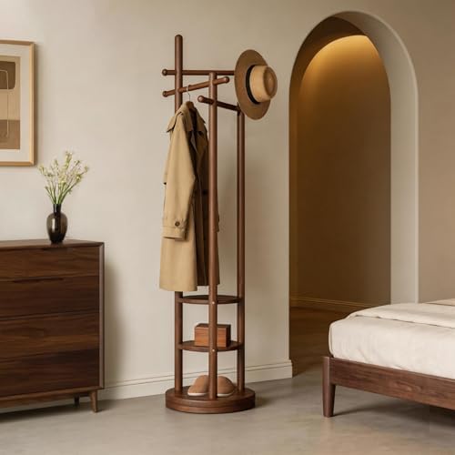 Coat Rack Freestanding, Solid Wood Coat Tree with 6 Hooks and 3 Storage Shelves for Bedroom, Entryway Living Room, Office, Corner Hanger Stand for Purse, Bag, Jacket, Hat - Image 5