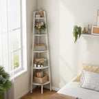 Hoctieon Corner Shelf, 5-Tier Corner Bookshelf, Rustic Ladder Shelf, Industrial Display Stand for Living Room, Kitchen, Home Office, Balcony, Small Space, Metal Frame, White - Image 5