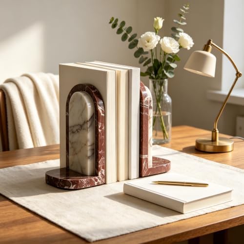 Marble Bookends for Heavy Books, Decorative Solid Natural Stone Book Ends Set of 2, Heavy Duty Book Holder for Shelves Desk Cookbook, Modern Minimalist Bookshelf Decor,Non-Slip Sculptural Book Stopper - Image 2