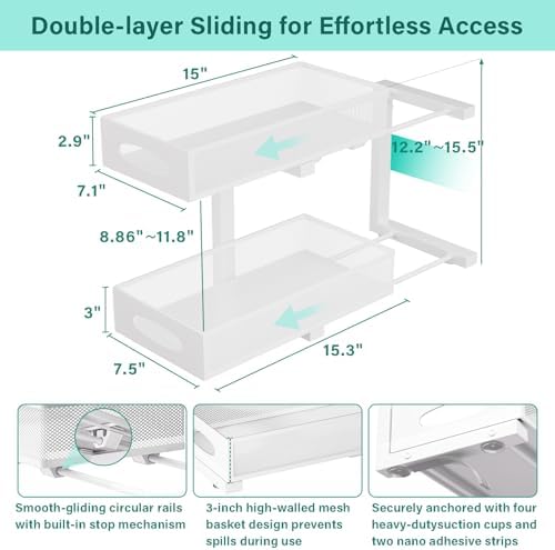 Under Sink Organizer, 2 Pack 2 Tier Metal Slide Out Pull Out Cabinet Organizer Shelf, Height Adjustable Organization and Storage Series, Bathroom/Desktop/Cabinet/Kitchen organization, White - Image 2