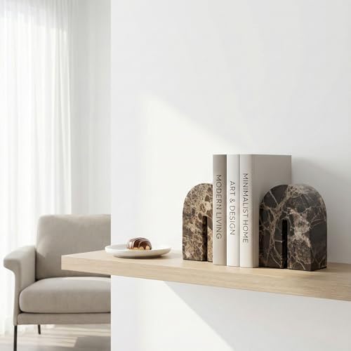 Natural Marble Bookends for Shelves,Unique Brown Arched Book Ends, Office bookends for Heavy Books, Set of 2,Heavy Duty (Brown) - Image 4