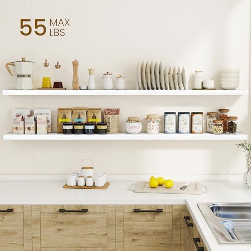 Dreamland 72Inch Floating Shelves for Wall, Rustic Wooden White Floating Shelves for Living Room, Kitchen, Farmhouse, Deep Wall Mounted Book Shelf, Wood Storage Display Shelf for Home Decor, Set of 2 - Image 2