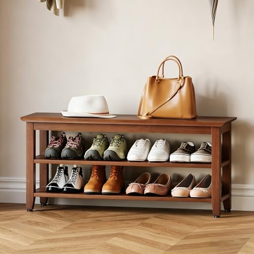 Wood Shoe Bench for Entryway,Bench with Shoe Rack,Storage Shoe Organizer for Hallway,Living Room,Bedroom (Brown, 39.37''W×11.81‘’D×17.71‘’H) by Furshus