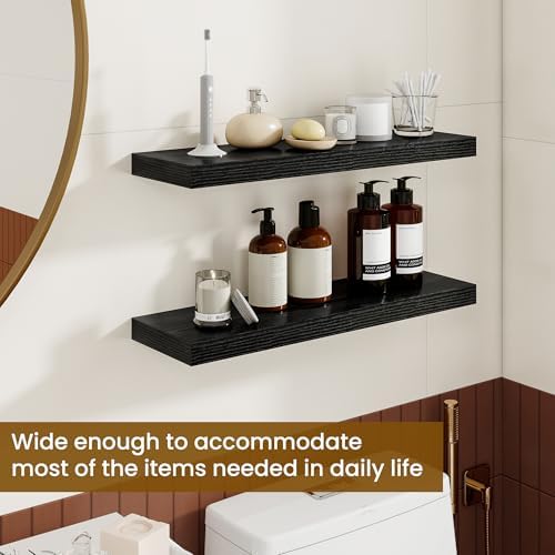 Dreamland 24Inch Floating Shelves for Wall, Rustic Wooden Black Floating Shelves for Bathroom|Bedroom|Kitchen, Deep Wall Mounted Book Shelf, Wood Storage Display Shelf for Home Decor, Set of 2 - Image 4