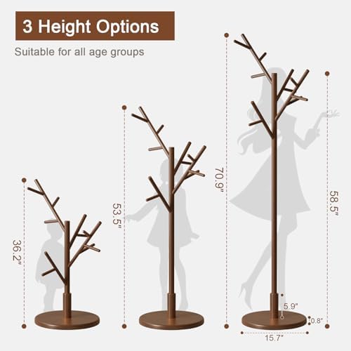 Muwuele Coat Rack, Solid Wood Coat Rack Freestanding With 12 Hooks, Coat Tree Freestanding Heavy Duty 3 Adjustable Heights For Coat, Hats, Handbags, Coat Hanger Stand For Entryway, Bedroom, Walnut - Image 5